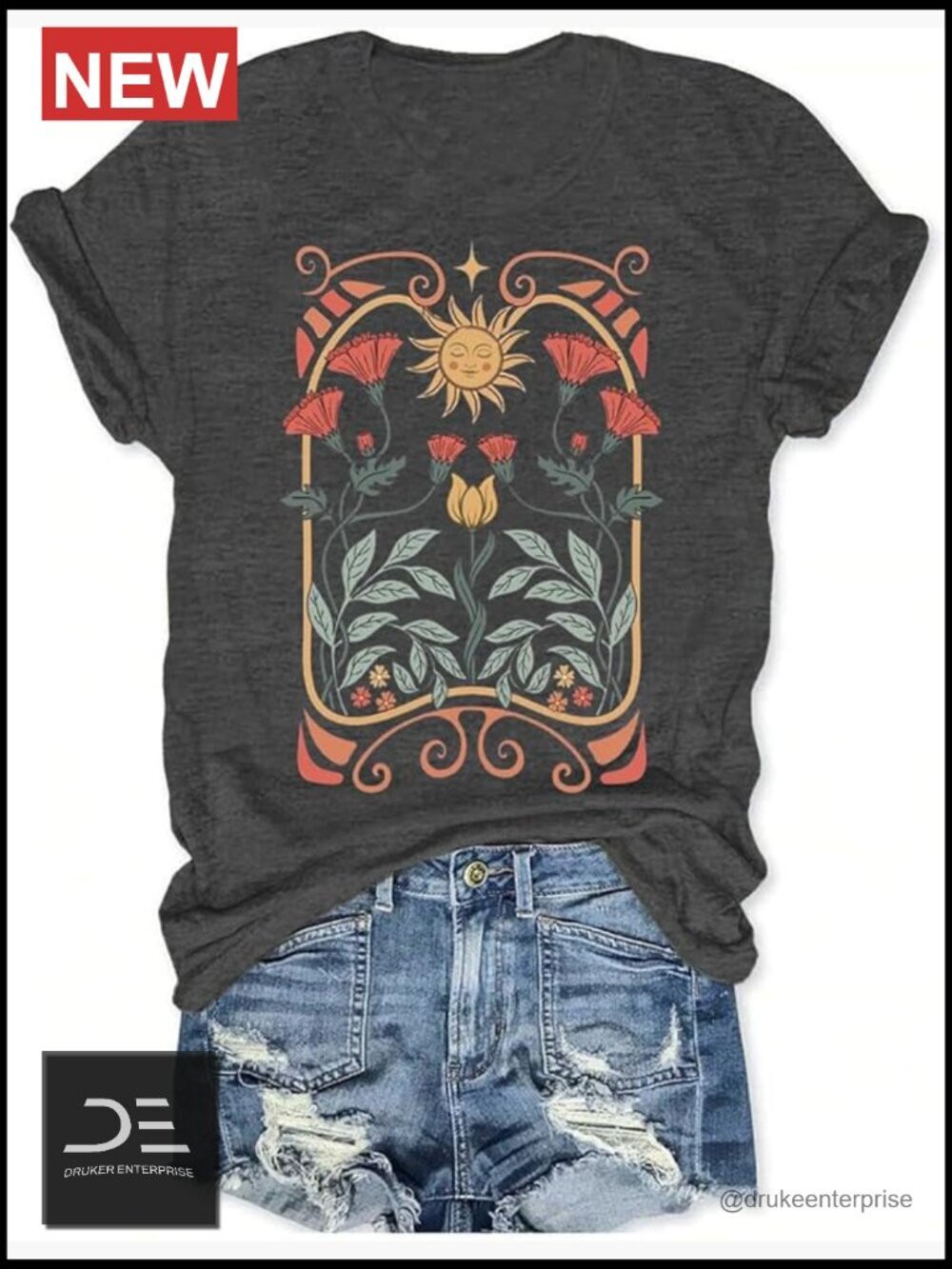 Vintage Boho Crewneck Graphic Tee Short Sleeve Loose Casual Blouse